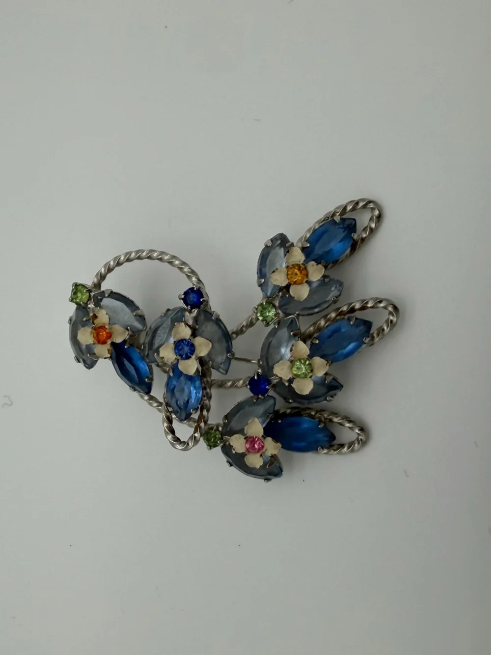 Flower Blue Navette & Colored Rhinestones Vintage Silver Brooch